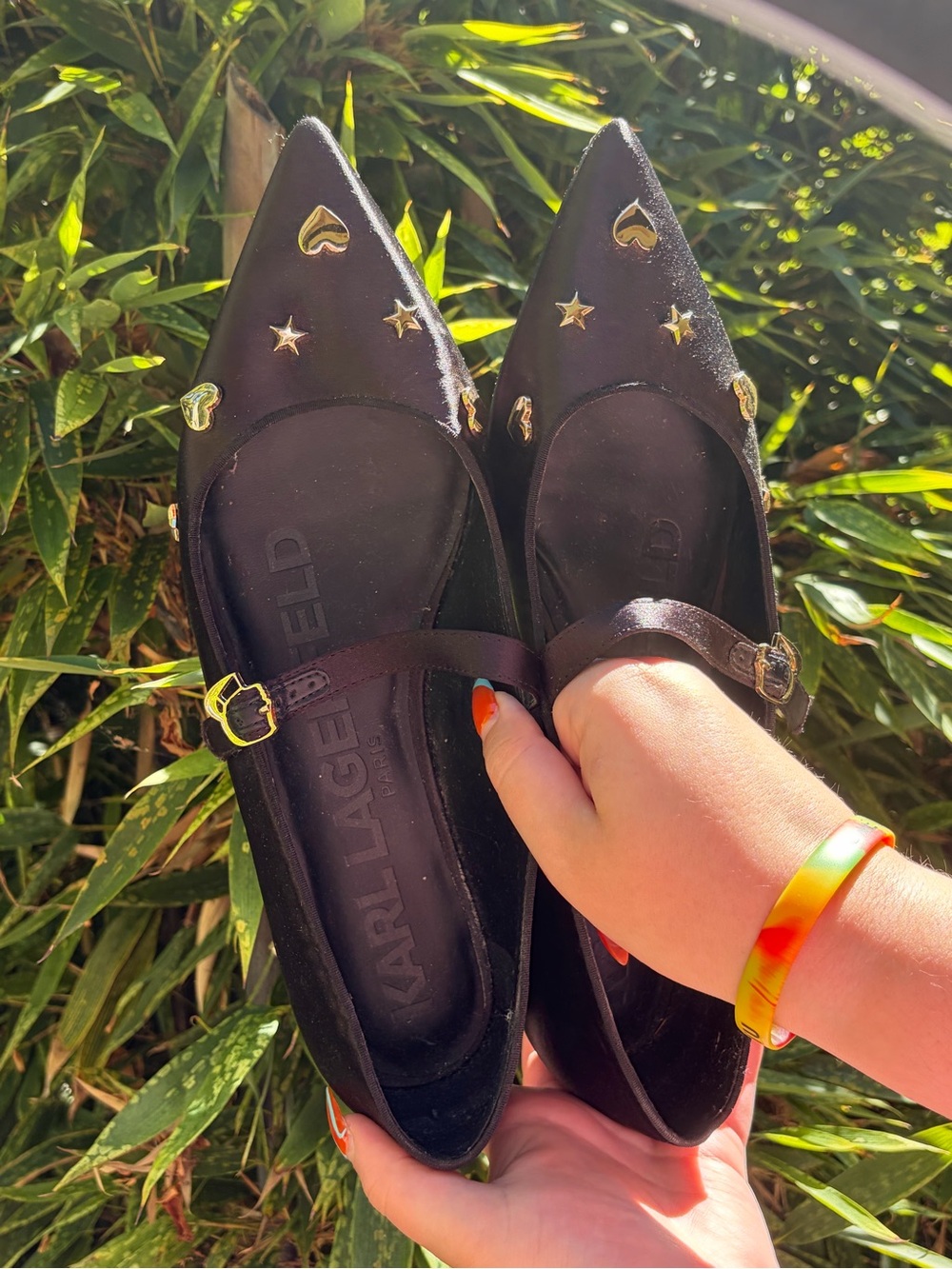 Karl Lagerfeld Black Pointed Mary Jane Flats with Gold Heart & Star Studs